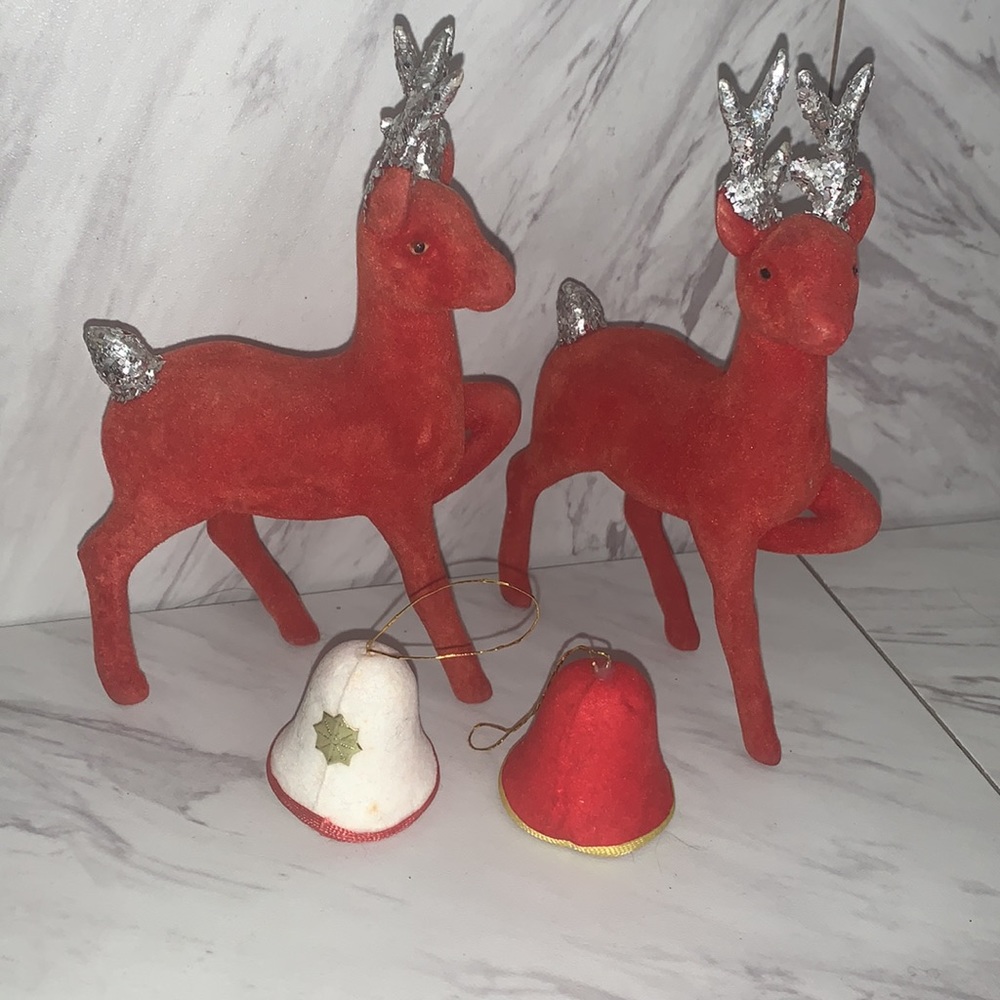 Vintage Red Flocked Reindeer and Bell Ornaments